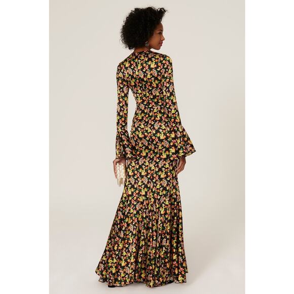Caroline Constas Allonia Black Multicolor Floral Long Sleeve Trumpet Gown 0 - Picture 3 of 14